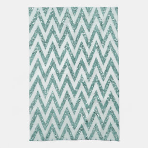 Teal Green and White Faux Glitter Zigzag Kitchen Towel