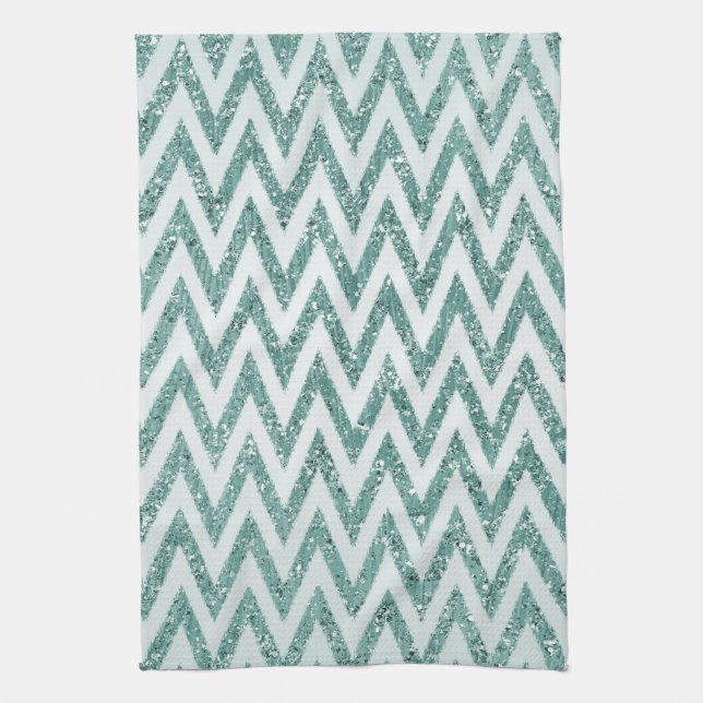 Teal Green and White Faux Glitter Zigzag Kitchen Towel (Vertical)