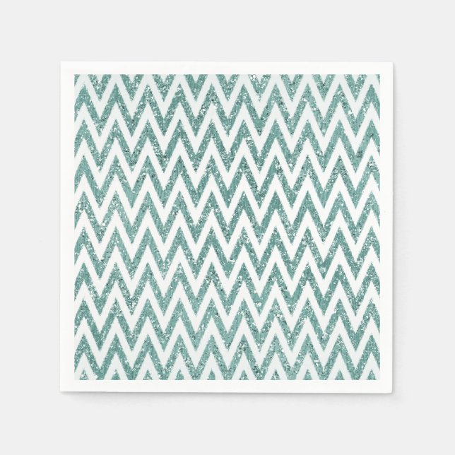 Teal Green and White Faux Glitter Zigzag Napkin (Front)