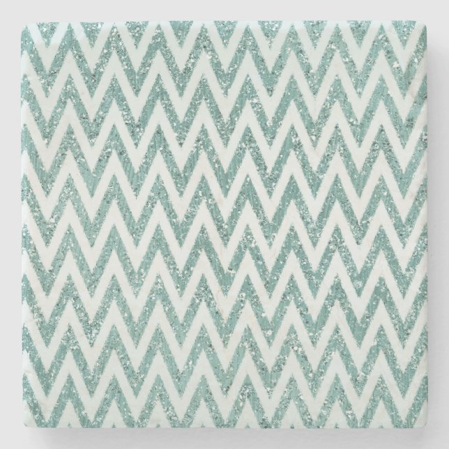 Teal Green and White Faux Glitter Zigzag Stone Coaster (Front)