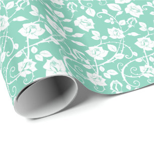Teal-Green And White Stylized Roses Pattern Wrapping Paper