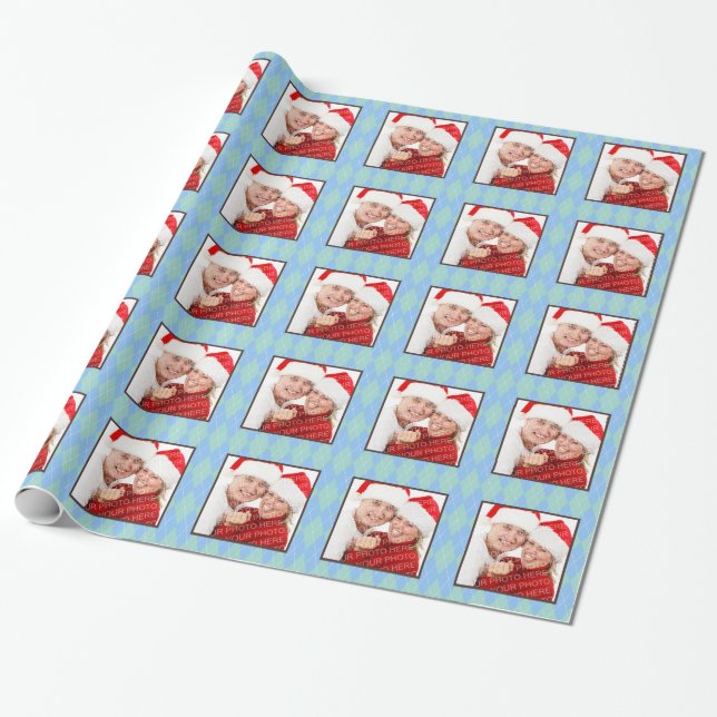 Teal green argyle pattern custom photo holiday wrapping paper (Unrolled)