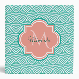 Teal Green Art Deco Fish Scales Pink Monogram Name Binder
