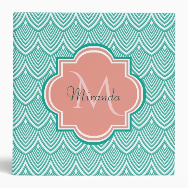 Teal Green Art Deco Fish Scales Pink Monogram Name Binder (Front)