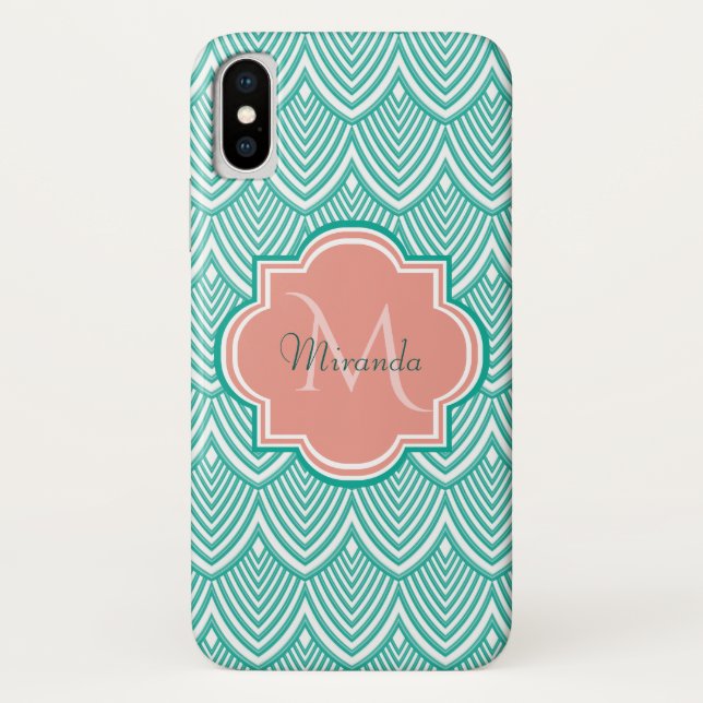 Teal Green Art Deco Fish Scales Pink Monogram Name Case-Mate iPhone Case (Back)