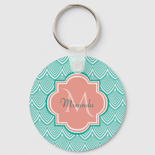 Teal Green Art Deco Fish Scales Pink Monogram Name Keychain
