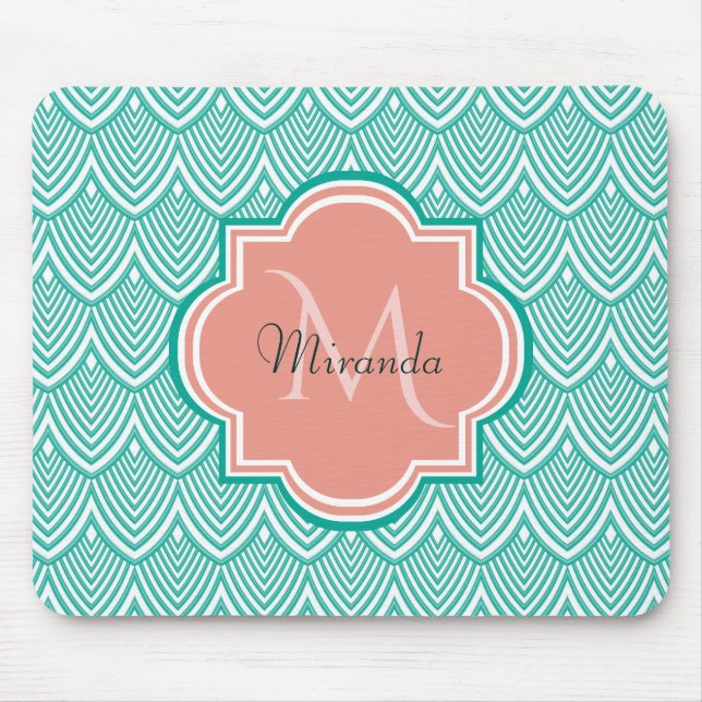 Teal Green Art Deco Fish Scales Pink Monogram Name Mouse Pad (Front)