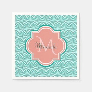 Teal Green Art Deco Fish Scales Pink Monogram Name Napkin