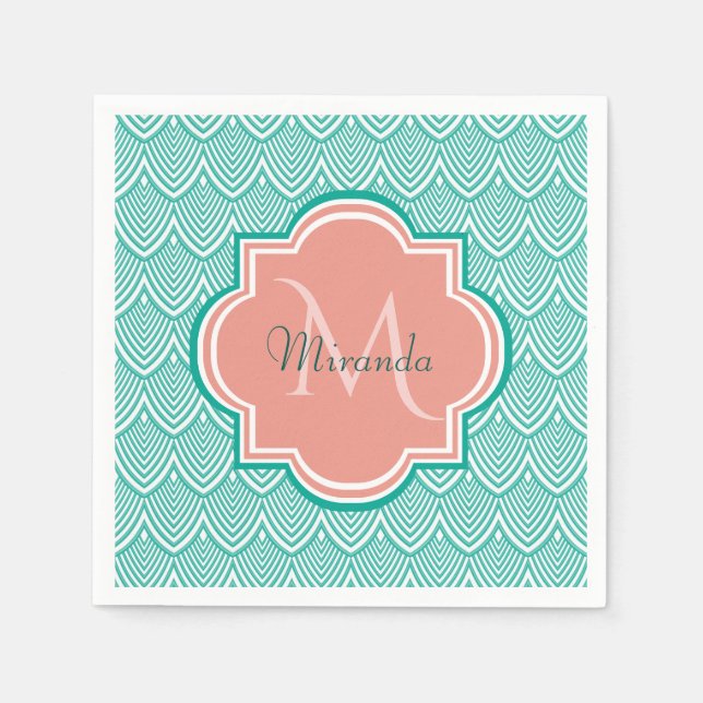 Teal Green Art Deco Fish Scales Pink Monogram Name Napkin (Front)