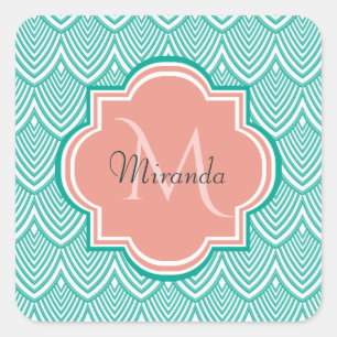 Teal Green Art Deco Fish Scales Pink Monogram Name Square Sticker