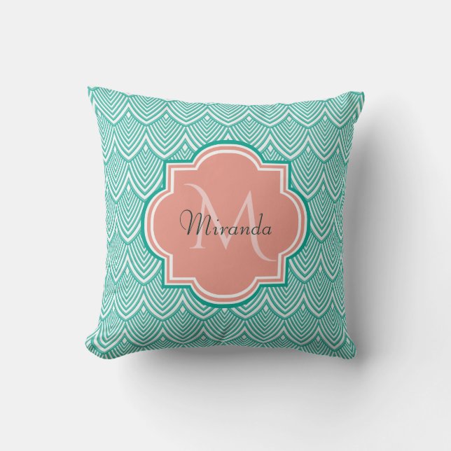Teal Green Art Deco Fish Scales Pink Monogram Name Throw Pillow (Front)