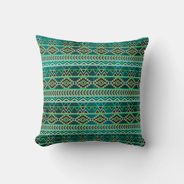Teal Green Aztec Tribal Pattern Throw Pillow (Front)