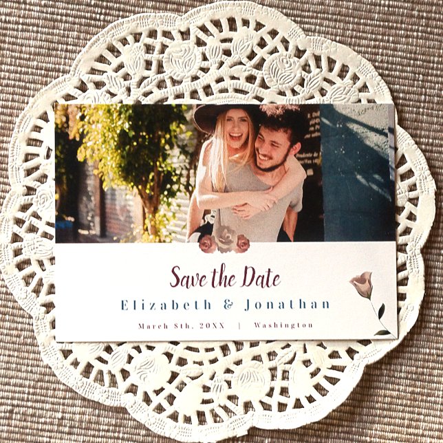 Teal Green, Beige Rose Wedding Save the Date Cards (Vintage Botanical Garden Rose Wedding Save the Date Card with Photo)