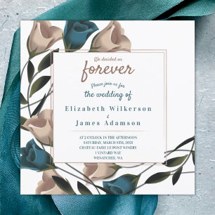 Teal Green, Beige Roses Wedding Invitation