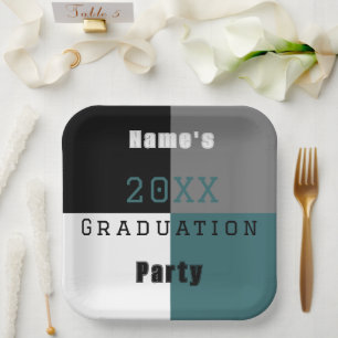 Teal green black and white custom graduation party paper plate