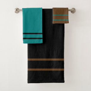 Teal Green Black Brown Geometric Stripes  Bath Towel Set