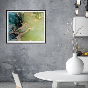 Teal Green Black Gold Abstract Alcohol Ink Poster