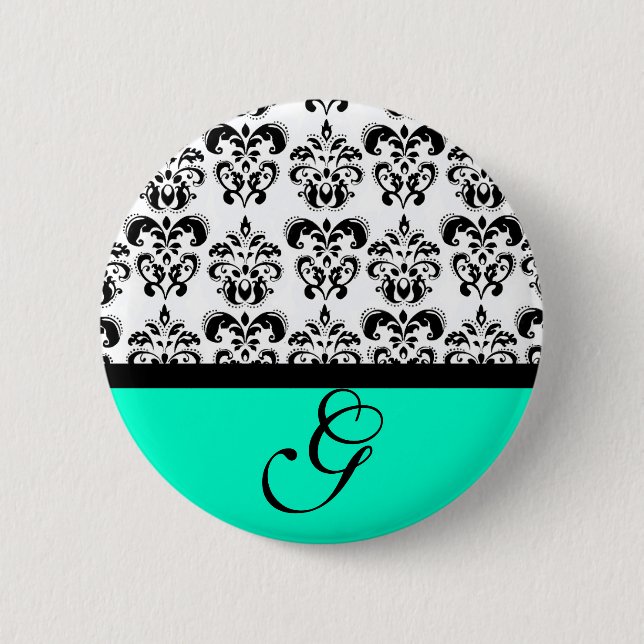 TEAL GREEN BLACK WHITE DAMASK WEDDING MONOGRAM 2 INCH ROUND BUTTON (Front)