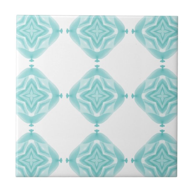 Teal green blue 4 point geometric design white  tile (Front)