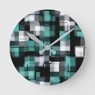 Teal Green Blue Black White Abstract Plaid Round Clock