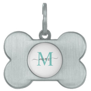 Teal Green Blue Black White Monogram Style Name  Pet ID Tag