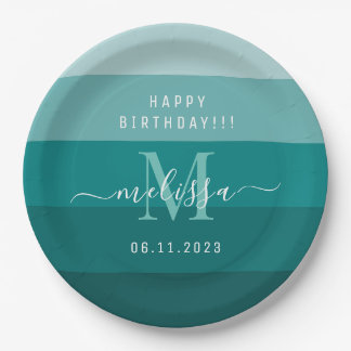 Teal Green Blue Colour Block Monogram Name  Paper Plate