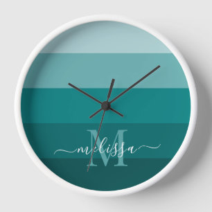 Teal Green Blue Colour block Monogram Style Name Clock