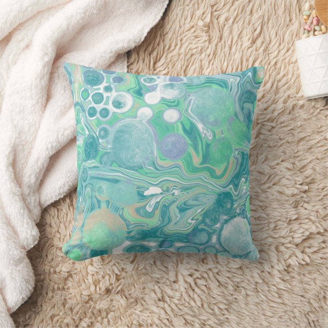 Teal Green Blue Marble Fluid Art Throw Pillow (Blanket)