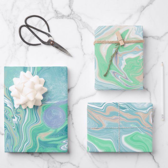 Teal Green Blue Marble Fluid Art Wrapping Paper Sheet (Front)