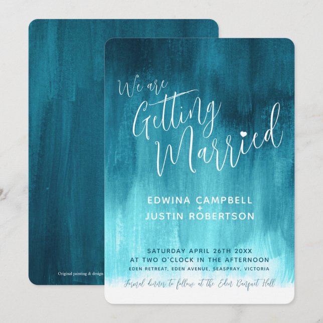 Teal green blue modern art painted wedding invites (Front/Back)