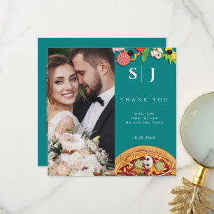 Teal Green Blue PIZZA Modern Minimal Wedding Thank You Card