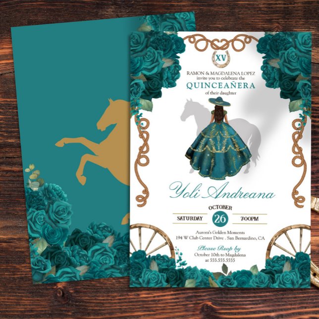 Teal Green Blue Rose Western Charro Quince Invitation (Creator Uploaded)