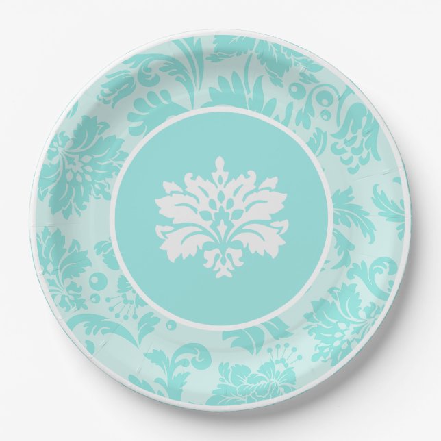 Teal green,blue vintage damask print paper plate (Front)
