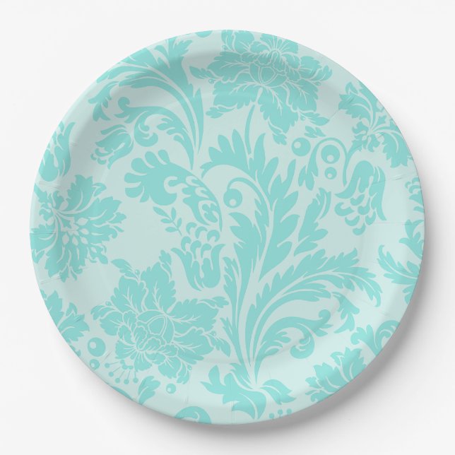 Teal green,blue vintage damask print paper plate (Front)