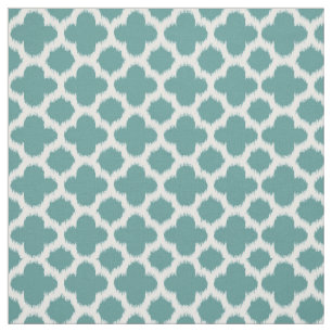 Teal Green Blue White Ikat Quatrefoil Pattern Fabric