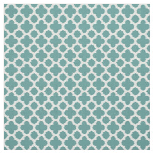 Teal Green Blue White Ikat Quatrefoil Pattern Fabric