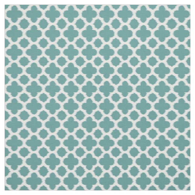 Teal Green Blue White Ikat Quatrefoil Pattern Fabric (Swatch)