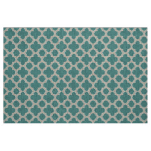 Teal Green Blue White Ikat Quatrefoil Pattern Fabric