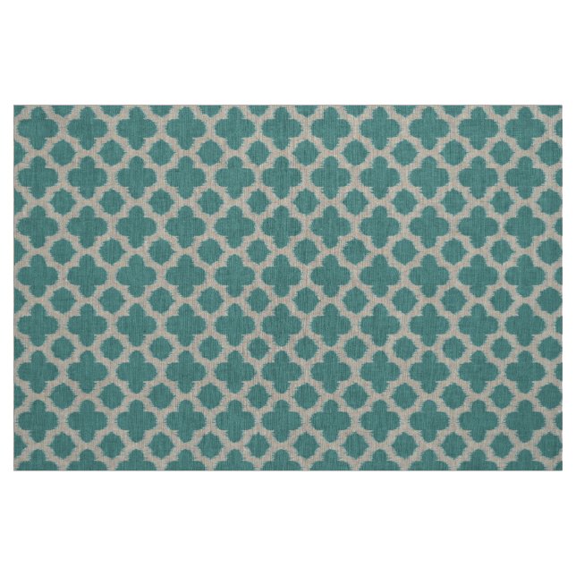 Teal Green Blue White Ikat Quatrefoil Pattern Fabric (Fat Quarter)