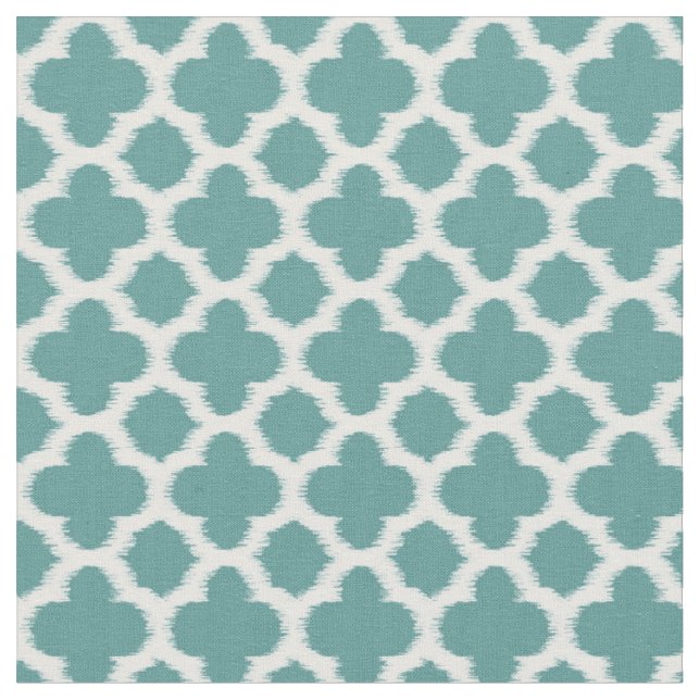 Teal Green Blue White Ikat Quatrefoil Pattern Fabric (Close Up)