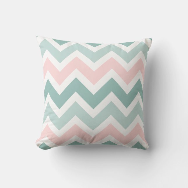 Teal Green Blush Pink Chevron Zigzag Pattern Throw Pillow (Front)