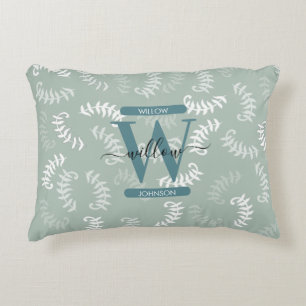 Teal Green Botanical Leaves Monogram Accent Pillow