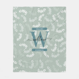 Teal Green Botanical Leaves Monogram Fleece Blanket