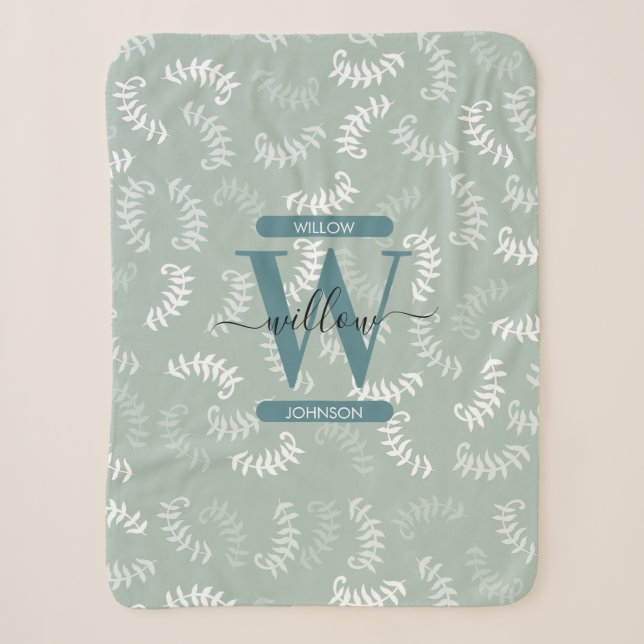 Teal Green Botanical Leaves Monogram  Sherpa Blanket (Front)
