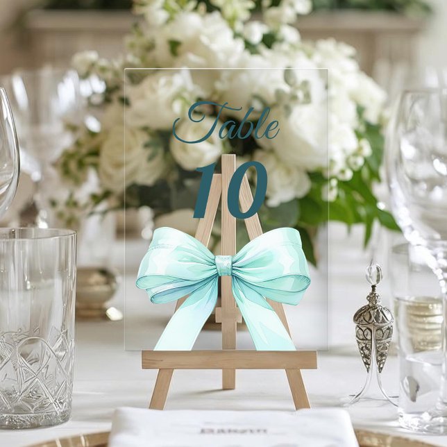 Teal green bow acrylic table number sign (Creator Uploaded)