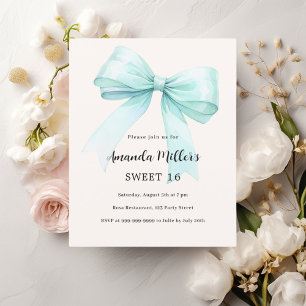 Teal green bow cream Sweet 16 invitation