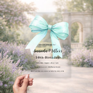 Teal green bow elegant clear birthday acrylic invitations