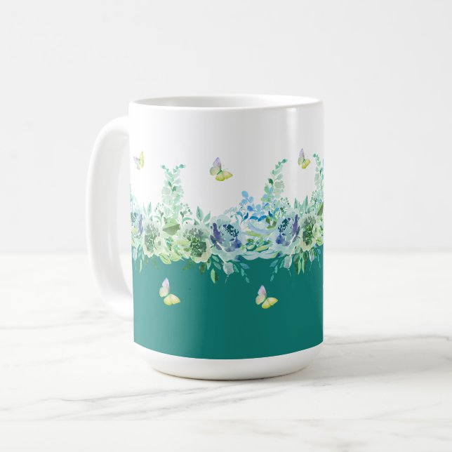 Teal Green Butterflies Floral Mug (Front Left)