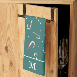 Teal Green Candy Cane Christmas Pattern Monogram Kitchen Towel