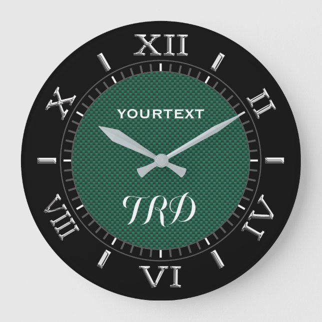Teal Green Carbon Fibre Personalized Monogram Dial Large Clock (Front)
